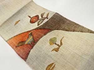 手織り真綿紬抽象花葉・鳥模様織出し名古屋帯